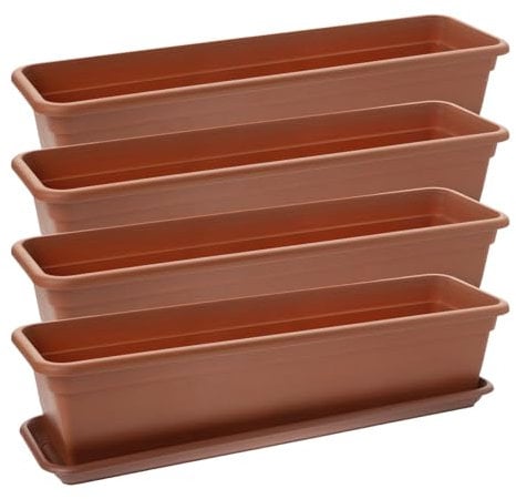 Blumenkasten Balkon 80 cm, 4 Stück Balkonkasten, Blumenkasten Fensterbank außen, Terracotta Blumenkästen Balkon mit Blumenkasten Untersetzer, Balkonkästen aus Kunststoff, Made in EU, Model: Klea