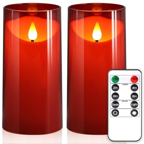 NURADA Flameless Candles with Remote Timer: 3D Wick Battery Operated Led Pillar Fake Candle Set for Wedding Birthday Christmas Decorations - Red 2 Pack