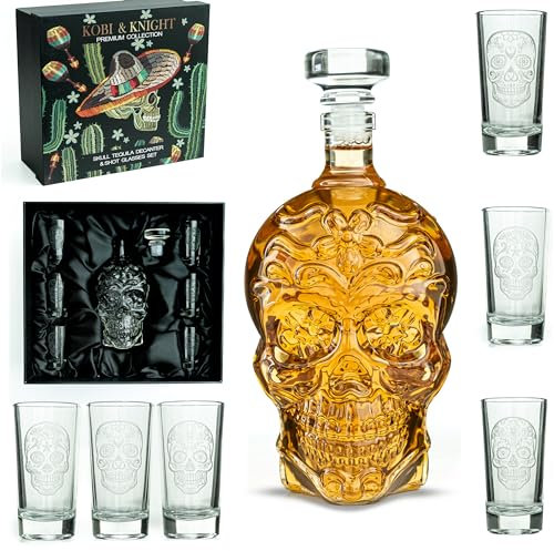 Kobi & Knight Skull Tequila Decanter Set - Handmade Glass Skull Liquor Decanter with 6 Shot Glasses - Tequila Set in Gift Box - Creative Tequila Party, Bar Decorations - Cool Tequila Gifts