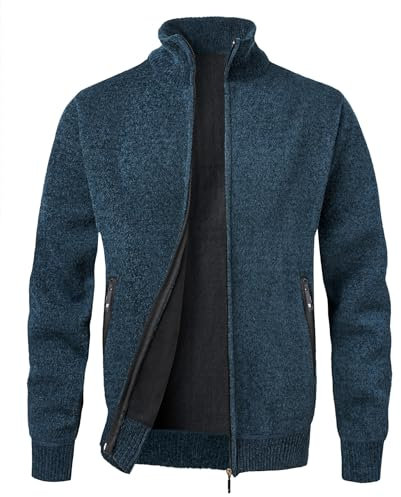 MeiLayM Herren Strickjacke Stehkragen Reißverschluß Pullover Weiches Plüschfutter Warm Sweatjacke Langarm Cardigan Feinstrick Herbst Winterjacke Blau,XL