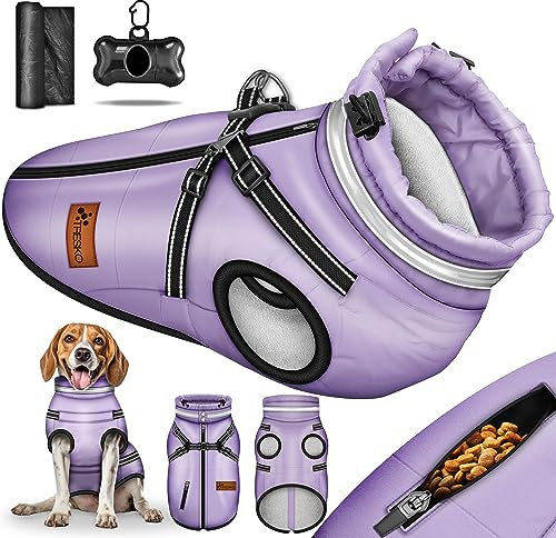TRESKO® Hundejacke Winter mit Reflektoren inkl. 15 Stück Kotbeutel + Spender | Hunderegenmantel wasserdicht | Hundemantel mit Geschirr | Hunde Winterweste gefüttert (M, Lila)