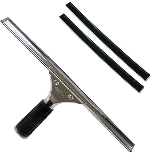 GBPro Professional Window Squeegee Stainless Wiper 35cm / 14 inches + Machine Cut High Grade Rubber Blade/Strip x 2