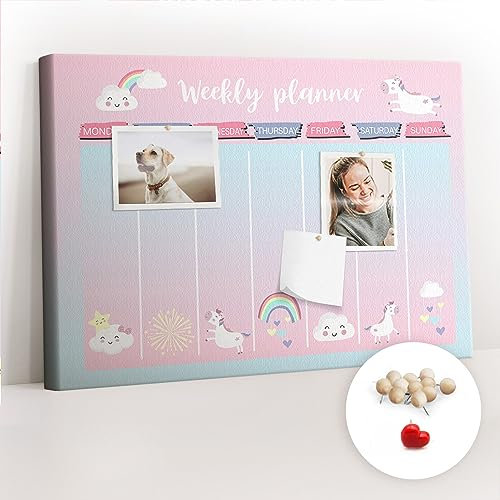 Tulup mit Aufdruck Pinnwand mit Leinwand Reißzwecken Korkwand für Notizen 60x40 cm Leinwand - Wochenplaner von Einhörnern