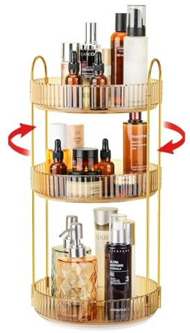 iarack 360 Rotating Makeup Organiser, 3 Tiers kosmetik organizer, Skincare Cosmetic Dressing Table Organiser for Lipsticks,Jewelery, Brush-Gold