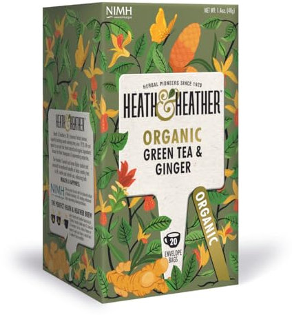 Heath & Heather Organic Green Tea & Ginger Tea Bags | Individually Wrapped Caffeine-Free Herbal Tea Infusions | 1 Pack of 20, Total 20 Tea Bags