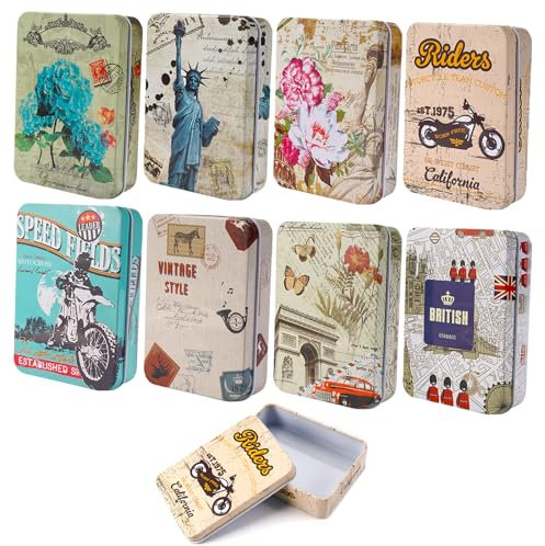 EXIN DEHCEN Pack of 8 Tin Cans with Lid, Small Metal Box, Rectangular Candy Tin, Retro Storage Jar, Flat for Sweets and Small Items (95 x 65 x 23 mm)