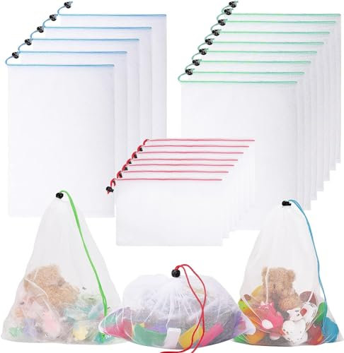 Loppdece 20 Stück Wiederverwendbare Produktbeutel, Gemüsebeutel mit Kordelzug, Waschbar Umweltfreundliche Taschen, Kordelzug Netzbeutel für Lebensmittel Obst Spielzeug Kleinteile, 3 Größen 3 Farben