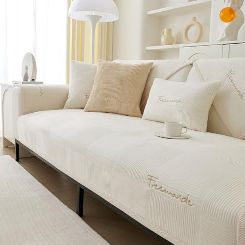 Minicoco L Shape Corner Sofa Cover - Waterproof, Non Slip Pet Couch Protection Throw for L Shaped Furniture (Beige)