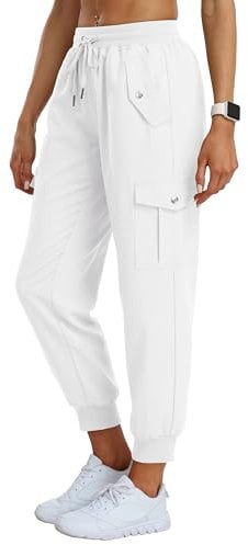 MoFiz Women's Walking Cargo Trousers Lightweight Joggers Athletic Cargo Sweatpants Workout Hiking Lounge Outdoor Trousers White Size M
