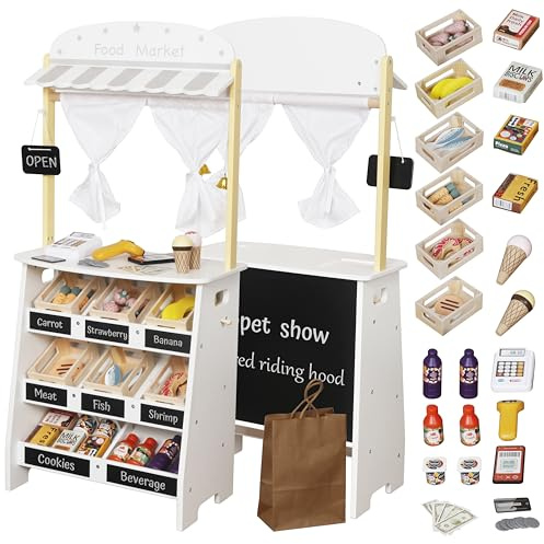 Touch Us Kids Grocery Store Playset,Pretend Play Store Toy & Wooden Supermarket Shopping Cart with Toy Cash Register, Play Money&Blackboard;26PCS Food Toys Shop for 3+ year old boys girls toddler baby