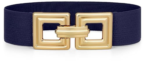 WHIPPY Damen Breiter Elastischer Taillengürtel Stretchy Gürtel für Kleid dehnbarer Hüftgürtel Mode Quadratischer Gold Schnalle,Blau 100cm
