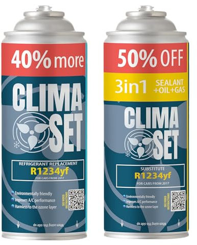ClimaSet Recambio gas R1234yf - 1x235 g - Kit recarga aire acondicionado coche + R1234yf 3in1-1x 235 g - Sustituto del refrigerante R134a - Gas aire acondicionado coche - ECO