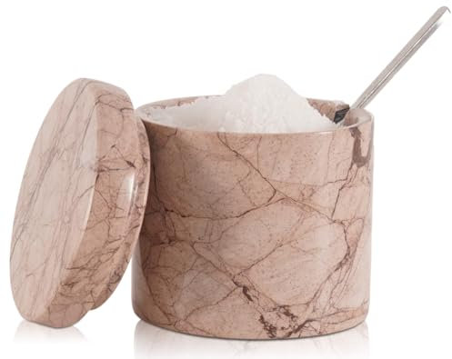 SPESHSTONES Marble Salt Cellar with Lid and Spoon 3 Inch Marinara Handmade Spice Jars for Kitchen Storage - Flaky Salt Holder, Decorative Sugar Bowl & Small Seasoning Containers for Countertop Decor