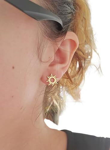 Boucles d'oreilles soleil acier inoxydable or/argent petites boucles d'oreilles clou puces pour femme fait main cadeau anniversaire, noel, fête des mères (Or)