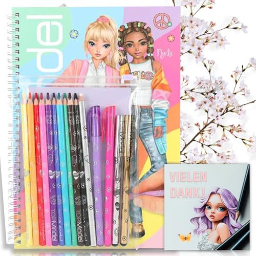TOPModel Malbuch-Set im regenbogenbunten Look: 76 Malseiten, 2 Ausklappseiten mit Malvorlagen, 2 Stickerbogen, 10 Buntstifte, 4 Gelstifte & Radierstift + E-Book Schritt-für-Schritt Zeichnen Lernen