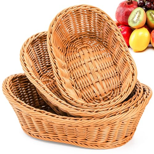 DXQCHDUO Geflochtene Brotkörbe aus Rattan, 3er-Set, ovaler Weidenkorb, Obst- und Gemüse-Aufbewahrungskorb, stapelbar, Rattan-Snack-Aufbewahrungskorb für Zuhause, Küche, Restaurant, Outdoor