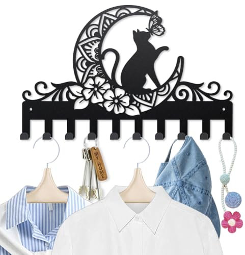 MAYJOYDIY Crochets Muraux Mural en Métal avec Motif Chat et Lune 40 x 25cm Porte Clés Mural avec 10 crochets Motif Animal Plantes Noir pour Manteaux Chapeaux Serviettes Sacs Clés