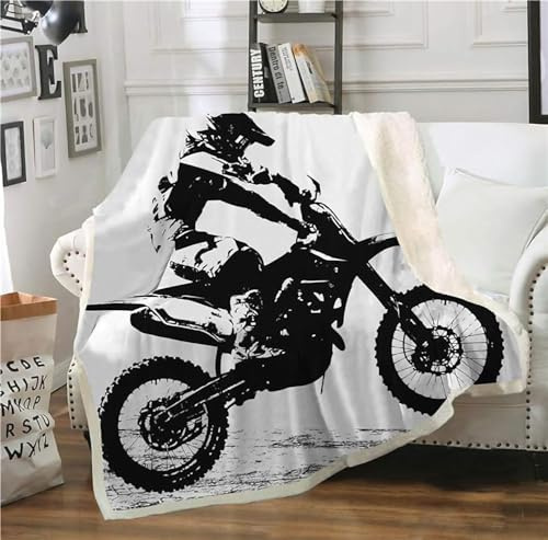 ZZTBQ Moto-Cross Drucken Kuscheldecke für Erwachsene Dirt Bike Warm Sherpa Decke Dicke Sofa Flanell Fleecedecke 150x200cm Motocross Rider Überwurfdecke für Bett Flauschige Wohndecke