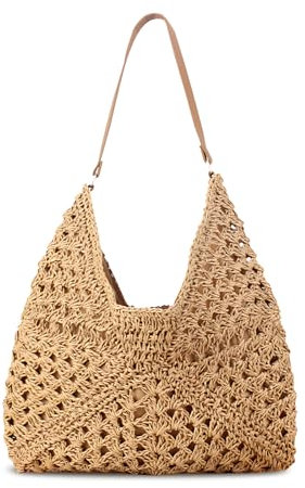Bototack Straw Beach Bag For Women, Large Straw Bags Weave Handmade Handle Tote Bag, Bohemian Summer Straw Shoulder Bag Handbags for Travel Holiday Shopping (Khaki)
