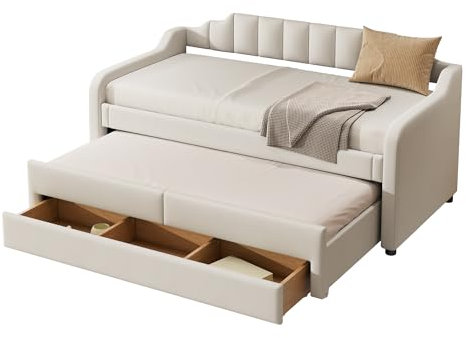 Merax Schlafsofa 90x200 cm, Tagesbett ausziehbar mit Ausziehfunktion Einzel & Doppelbett, Kinderbett mit Stauraum, Sofabett Jugendbett mit Lattenrost, für Wohnzimmer/Schlafzimmer/Gästezimmer, Beige
