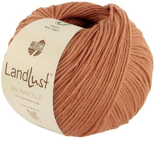 LANA GROSSA Landlust Baumwolle | Klassisches Bio-Baumwollgarn, Gots zertifiziert | Handstrickgarn aus 100% Baumwolle (Bio) | 50g Wolle zum Stricken & Häkeln | 115m Garn FB 33 Karamell
