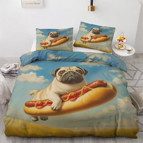 Mops Deko - Mops Bettwäsche 135x200 Winter, Lustige Hund Bettbezug 135 x 200 2er Set mit 1 Kissenbezug 80x80, Weiche Mikrofaser Winterbettwäsche mit Reißverschluss R&*11