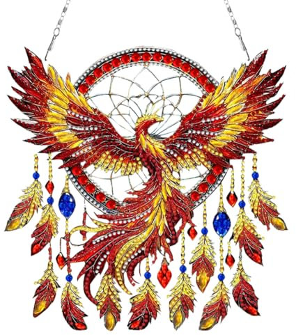 Aodejoy Diamond Painting Anhänger, Traumfänger Diamond Painting Fensterbilder, 5D Tiere Diamantmalerei mit Kette, für Fenster Garten und Türen-Phönix