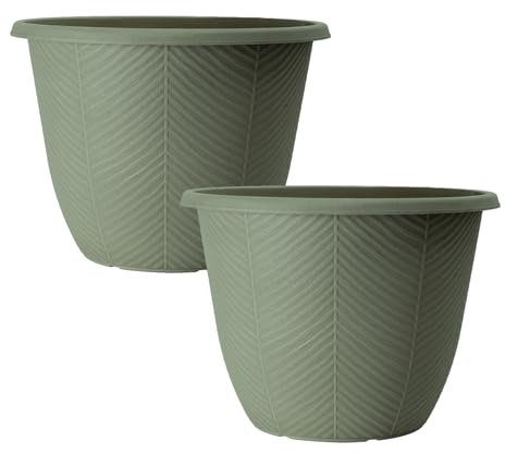 Fyne-Finds Round Plastic Green Plant Pot 32cm, 13inch Outdoor 11L Home Garden Planter Cover Pot Drainage Holes, Weather, Frost Proof (2)