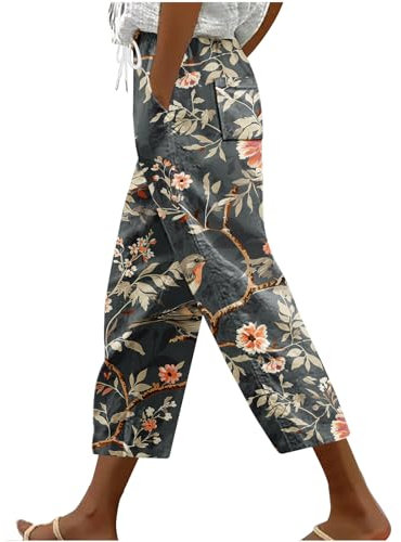 Generisch 7/8 Sommer Leinenhose Sale,Damen Freizeithose Leichte Hohe Taille Palazzohose,Leinen Hose Beiläufige Print Hosen Casual Strandhose Sommer Leichte Straight Leg Hose Mit Taschen und Tunnelzug