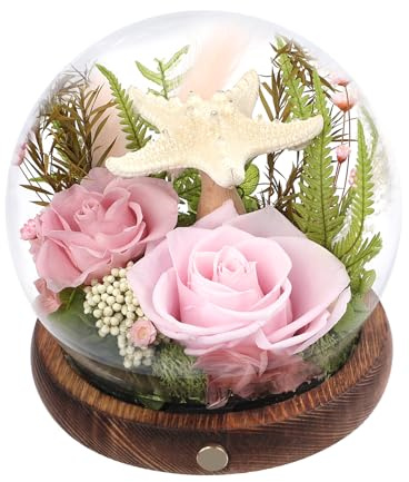 Loveliome Langlebige echte konservierte Blumen in Glaskuppel - Einzigartiges Seestern oder Schmetterling Ewige Rosen Geschenk mit LED-Lichtern für Frauen Monther Innendekoration, Seestern und hellrosa