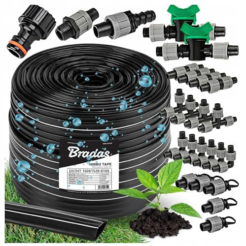 Bradas Tropfschlauch Bewässerung Set 100m – 20 cm - 16mm - 24 teiliges – Bewässerungssystem - Bewässerungsschlauch für Garten Blumen - Tropfbewässerung - Tropfabstand Tröpfchenbewässerung