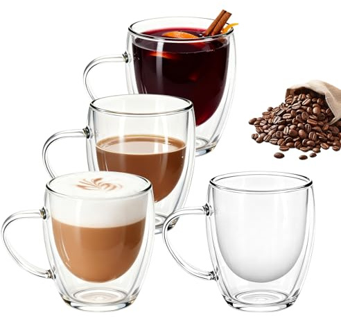 CheurYae Paquete de 4 tazas de café de vidrio de doble pared de 350 ml, tazas de café con aislamiento con asa, vaso para té, capuchino, café con leche, chocolate caliente, regalos de inauguración de
