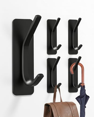 UNILECON Klebehaken Extra Stark Kleiderhaken Wand, Handtuchhalter Ohne Bohren, Garderobenhaken, Haken Selbstklebend für Badezimmer, Küche & Toilettenkabinette(Schwarz, 5 Stück)