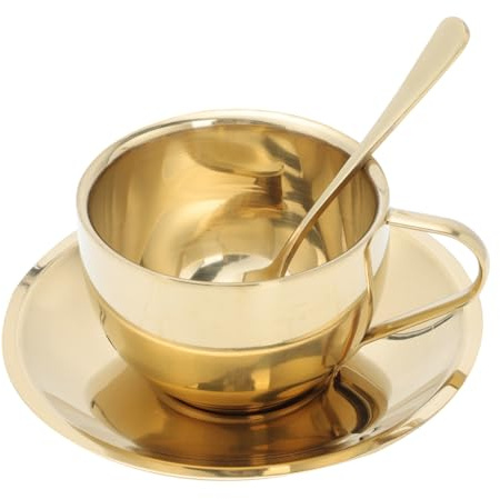 Alipis Luxury Coffee Mug Set with Spoon and Saucer Gold Glossy European Style Tea Cup Trio Comfortable Handle Sturdy Stainless Steel for Home Office Use Suitable