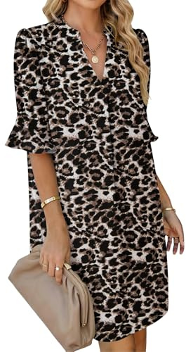 AUSELILY Dress for Women UK V Neck Summer Dresses Short Sleeve Elegant Ladies Dresses Casual Loose Shirt Dress with Pockets Leopard L