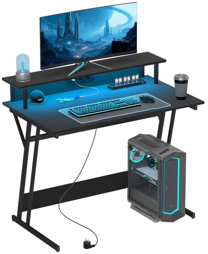 HOMCOM Mesa Gaming con Luces LED, Tomas de Corriente, 100x60 cm, Negro | Escritorio Gaming, Mesa Gamer con Soporte para Monitor, Estantes y Control Remoto, para Oficina, Estudio