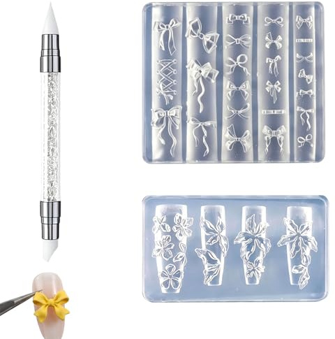 PYRUVAE 2 Pièces Moule à Ongles en Silicone 3D Fleur de Cristal et Nœud Papillon avec Stylo de Gravure, Moule Nail Art 3D Transparent Réutilisable pour Décoration de Manucure DIY Femmes et Filles