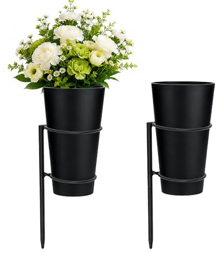 Grabvase mit Erdspieß, HOVCEH 2 Stück Friedhofsvase mit Erdspieß 9 x 26 cm | Metall Grab Vase mit Erdspieß, Metallsockel & Kunststoffvase für Nass- und Trocken-Blumen als Grabschmuck