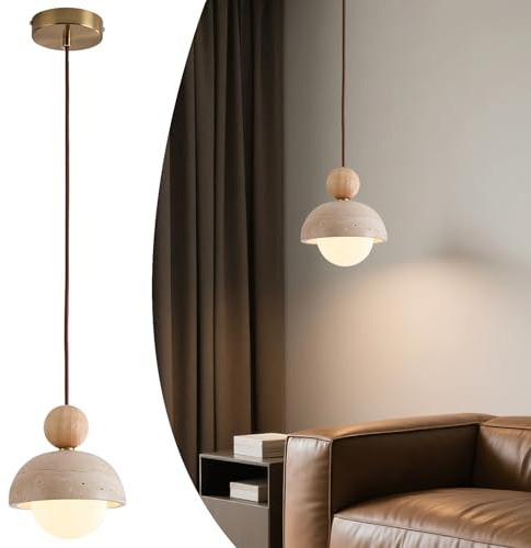 Wabi-Sabi Travertin Pendelleuchte, Mini Hängeleuchte aus natürlichem gelbem Travertin mit Holzdecke & Milchglas, Stein-Hängelampe für Kücheninsel, Esszimmer, Schlafzimmer, Eingangsbereich und Flur
