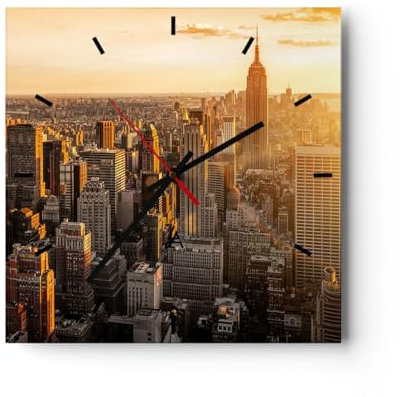 Modern Wanduhr New York Wolkenkratzer Manhattan 30x30cm Quadrat Klein Wand Uhr Glas Analog Zimmeruhren Küche Büro Wohnzimmer Glasuhr Wall Clock Dekoration Design Küchenuhr C3AC30x30-2672