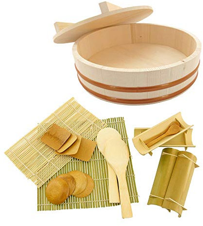 BambooMN 10.6 Hangiri Oke Sushi Rice Cooling Bowl/Tub with Lid, 19 Pieces Making Serving Accessory Kit - Small