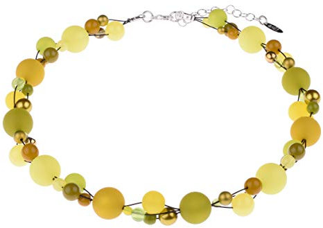 Adi-Modeschmuck Halskette “Amelie”, elegant verflochtene Mischung aus Polaris- und Glasperlen in attraktiven Farbkombinationen, handgefertigt in Berlin (Gelb- und Grüntöne)