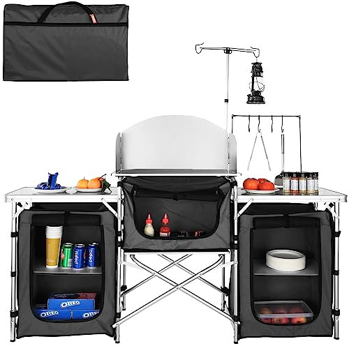VBENLEM Negro Camping al aire libre Cocina de acero parabrisas Camping Cocina almacenamiento Tabla 3 Bolsas con cremallera Camping Cocina Mesa 2 Mesas Laterales Campamento Cocina Mesa de Cocina Portátil Mesa de Camping al Aire Libre