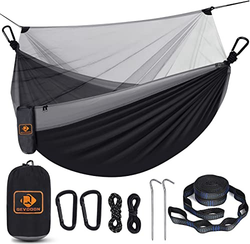 Camping Hammock with Net,Portable Lightweight Double Hammocks with Tree Straps and Solid D-Shape Hanging Hooks,Parachute Nylon Hammock for Backpacking Beach Backyard Patio Hiking