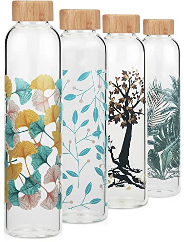 Cleesmil Sport Trinkflasche Glas Wasserflasche 1000 ml / 1 Liter BPA Free Glasflasche mit Neoprenhülle (Ginkgoblatt)