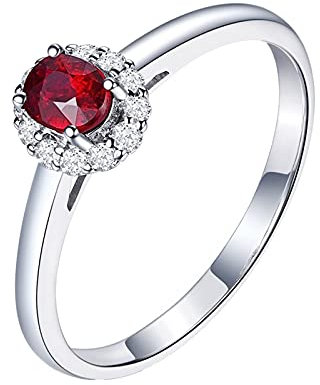 KnBoB Damen 18 Karat (750) Weißgold Ring Oval Rot 0.36ct Rubin mit Weiß Diamant Hochzeitsringe Trauringe Eheringe Größe 65 (20.7)