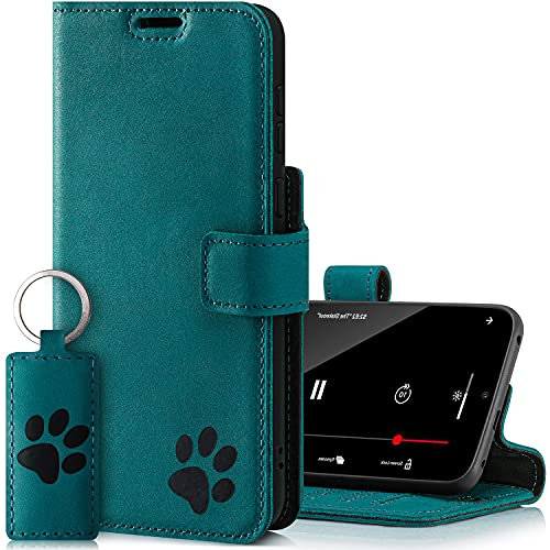 SURAZO Prestige Handyhülle für Apple iPhone 13 – Echtleder Hülle mit Pfote Motiv – Vintage Klapphülle mit Standfunktion, Kartenfach und Schlüsselring - Handmade RFID Schutzhülle (Türkis)