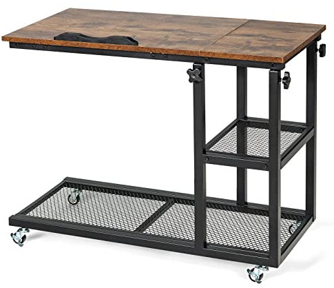 Multigot Rolling Sofa End Table, Height Adjustable Mobile Laptop Desk with Wheels, 2 Tier Storage Rack and Tilting Top, C-Shaped Coffee Tea Side Table for Bedroom Living Room (Rustic Brown)