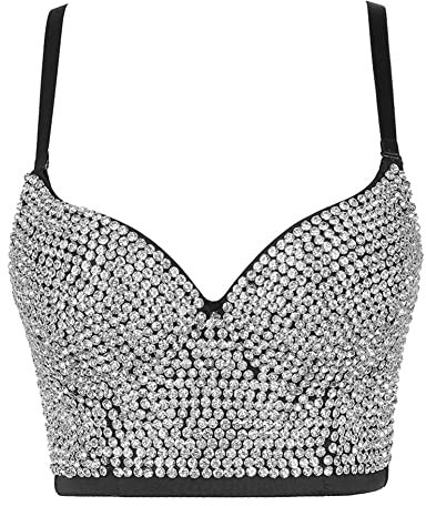 YAOTT Damen Corsage Push Up Bandeau-BH Punk-Korsett-Crop-Top Pailletten Clubkleidung Dessous-Tanktop Bustier Unterhemd Tank Top Trägertop Clubwear Shirt mit Strasssteinen Weiß2 M