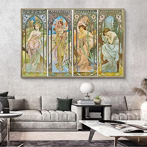 Alphonse Mucha Times of Day Vintage Leinwand Gemälde Jugendstil Frau Poster und Drucke Wandkunst Bild für Wohnzimmer Dekor 60x92cm mit Rahmen